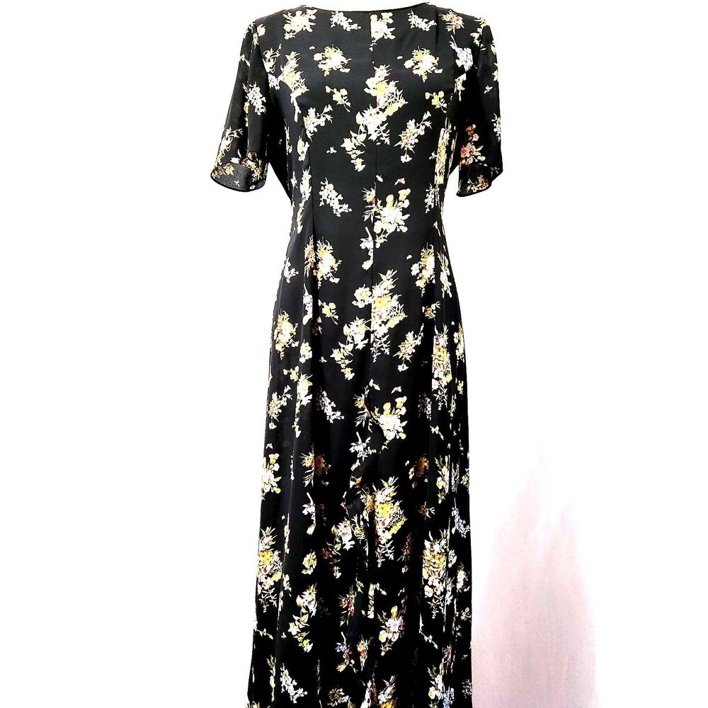 Susan Bristol Vintage 1990s Floral Maxi Dress Size 10 Zip Back Front Ruffle Slit